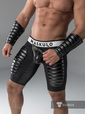 Maskulo Men's Fetish Shorts Codpiece Open Rear Thigh Pads Black (COT)