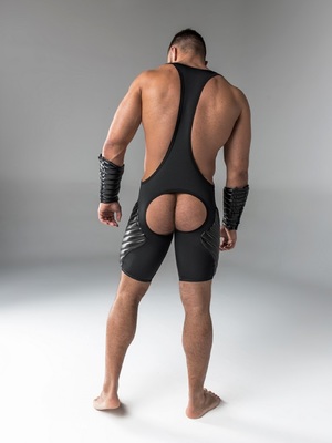 Maskulo Men's Fetish Wrestling Singlet Codpiece Open Rear Full Thigh Pads Black
