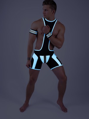 MASKULO Youngero. Men's Fetish Wrestling Singlet. Codpiece. Zippered rear. Neon White
